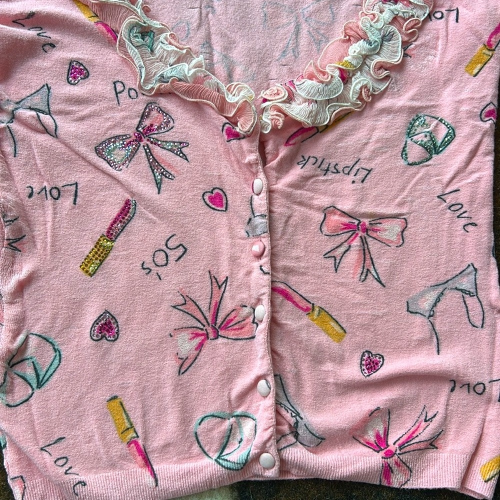 Blumarine Pink Ruffle-Trim Button Cardigan with Bow & Lipstick Print - Picture 3 of 6